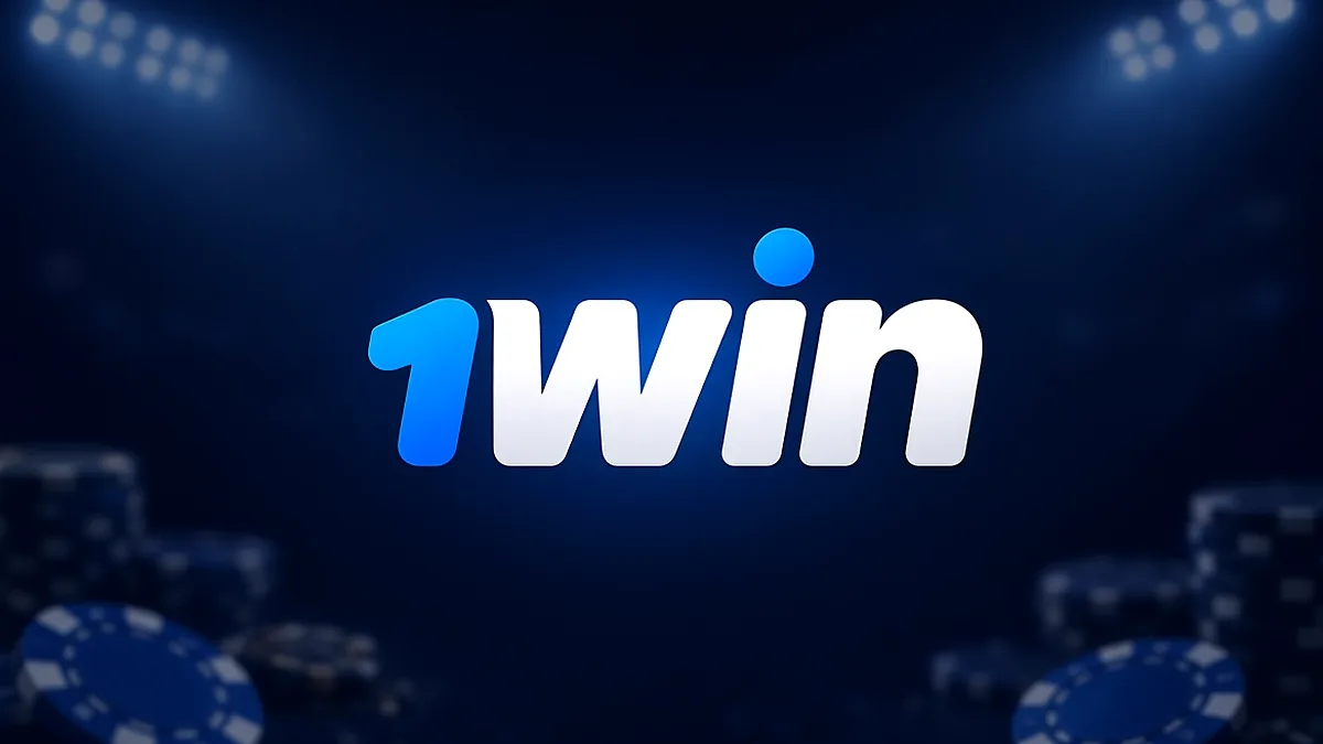 1win logo on a dark navy background with stadium lights and blue chips