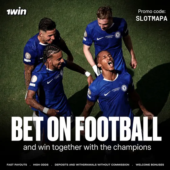 Bet on football at 1win: Chelsea players on the pitch, promo code SLOTMAPA