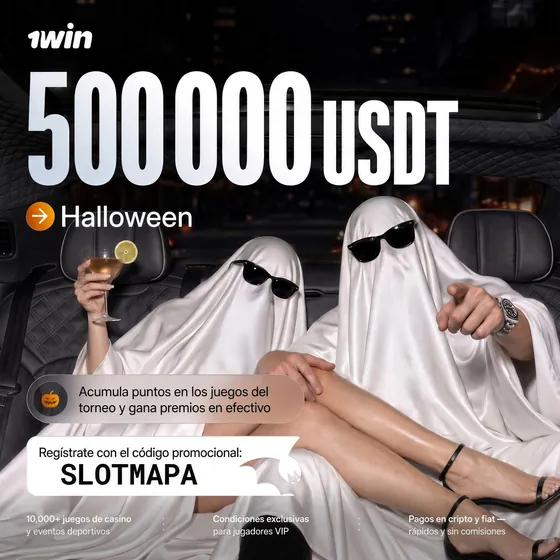 Arte promocional de Halloween de 1win, código SLOTMAPA